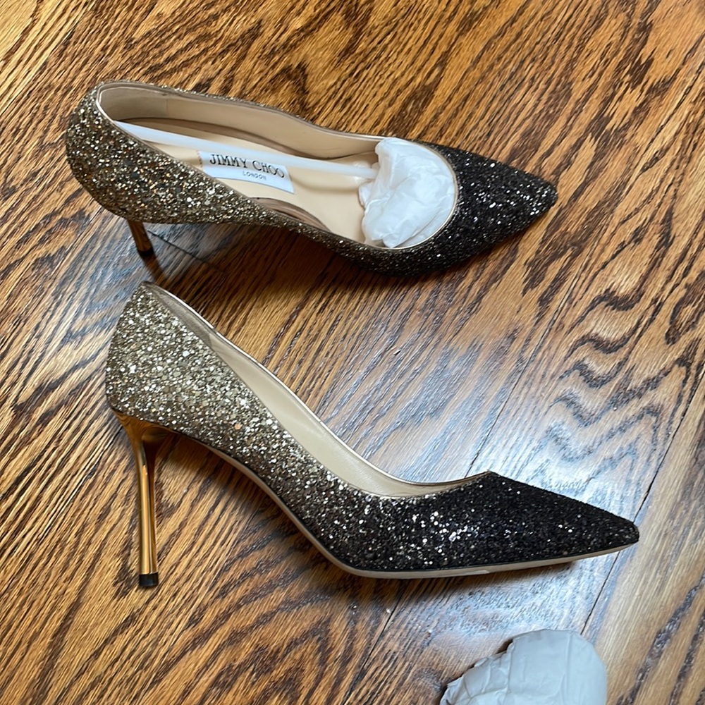 Jimmy Choo Black and Gold Glitter Heels